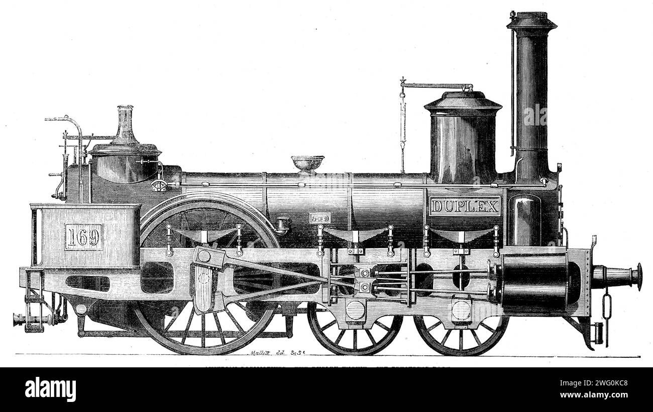 The International Exhibition: Austrian locomotives - the Duplex engine, 1862. This locomotive is the first application of a doubled system of cylinders, pistons, and cranks...The State Railway Company required twelve express-engines to work safely over lines having gradients of 1 in 150, and curves 930ft. radius...The duplex...differs in no other respect from its compeers except having four cranks and four cylinders...The double cranks on the driving-axle look small in proportion to the usual dimension of such work; but the diminution in size is owing to the employment of Krupp's steel in the Stock Photo