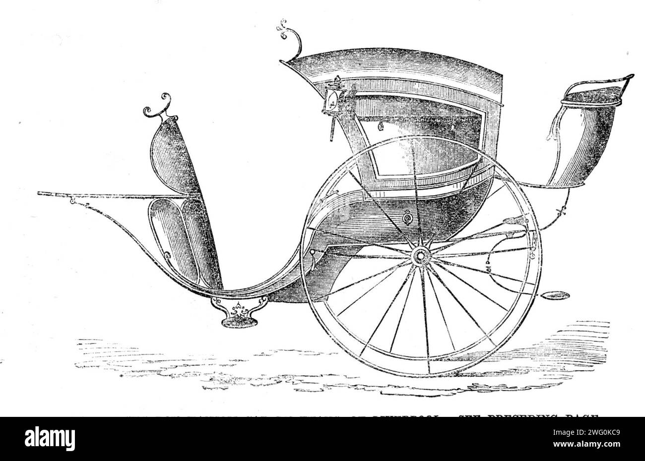 The International Exhibition: patent viceroy hansom cab by Evans, of Liverpool, 1862. 'Mr. James Evans, of Tarlton-street, Liverpool, has just introduced an improved patent cab, the patent of which consists in the application of metallic springs to the shafts near their junction with the front of the vehicle, thus securing a combined action which removes the unpleasant motion common to vehicles of the ordinary construction. Uneven roads produce no effect on the patent cab, as, by means of the patent springs and joint, an equal balance is preserved between the vehicle and the shafts under all c Stock Photo