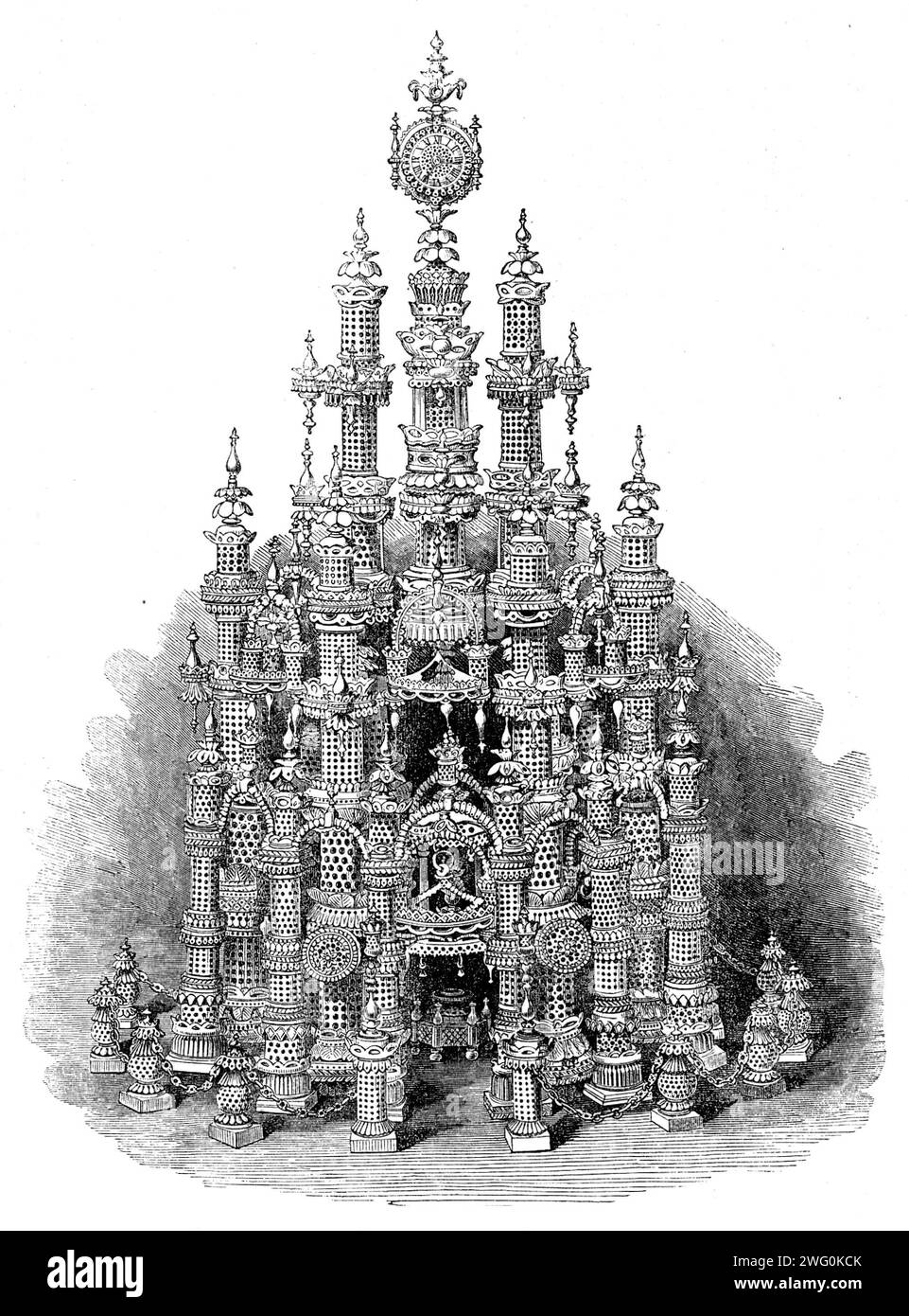 The International Exhibition: &quot;Temple of Art&quot;, in vegetable ivory, by B. Taylor, 1862. 'This work makes no pretentions to architectural beauty...its interest consists in its being formed of &quot;vegetable ivory&quot;...Vegetable ivory is the seed of a kind of palm, the Phytelaphas macrocarpa. Four seeds grow in each cell or cavity of a large fruit...It was Humboldt who first drew our attention to this seed, and pointed out its adaptability to useful purposes; and now we find it wrought into articles of beauty and utility...Mr. B. Taylor...exhibits his temple and numerous little arti Stock Photo