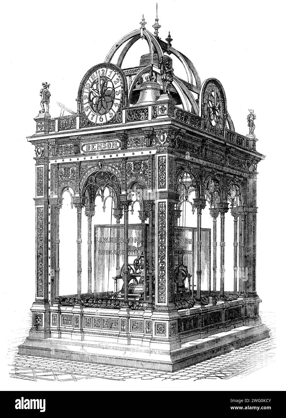 The International Exhibition: Mr. Benson's Trophy, 1862. 'The ornamental case supporting the bells was of carton pierre, strengthened with iron columns and girders...The four dials are of open ironwork, filled in with Minton's encaustic tiles of a bright blue...The movement of this clock, next to that at Westminster, is the largest in the world, and in point of quality of material and finish of workmanship it is unequalled...The three main wheels are each 2ft. in diameter, and cast in the...very finest gunmetal, the teeth being afterwards cut by an engine made expressly for that purpose, The f Stock Photo