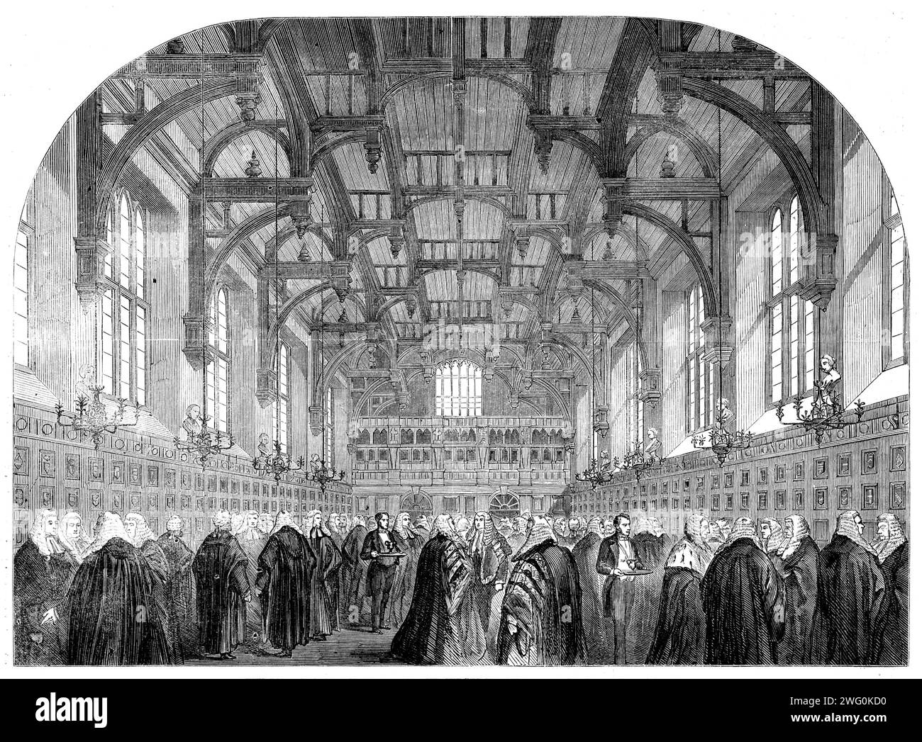 The Lord Chancellor receiving the Judges in the Middle Temple, [London], 1862. 'The Lord Chancellor's lev&#xe9;e. On Monday week the Courts of Law met after the long vacation. According to custom, the Lord Chancellor [Richard Bethell] held a lev&#xe9;e, which was attended by the Judges and the leading members of the Bar; but, instead of following the example of his predecessors and receiving them at his private residence, he met them in the hall of the Middle Temple, of which his Lordship is a Bencher. The Lord Mayor elect (Alderman Rose) was also presented to him. From the Middle Temple Hall Stock Photo