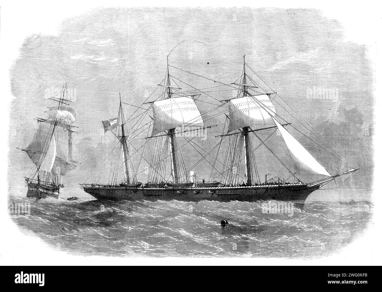 The Confederate sloop-of-war &quot;290&quot; or Alabama, leaving the merchant-ship Tonowanda, 1862. Engraving from a sketch by Mr. W. Woods. 'The Alabama, formerly the 290...has a 109-pounder rifled pivot-gun forward of the bridge, and a 63-pounder on the main-deck...the Attorney and Solicitor General, have given opinions that her sailing so armed and on such an errand as hers was a breach of the Queen's proclamation of neutrality...Our Engraving...represents the Alabama leaving the Tonowanda after having put on board that vessel the captains and crews of several Federal merchantmen which she Stock Photo