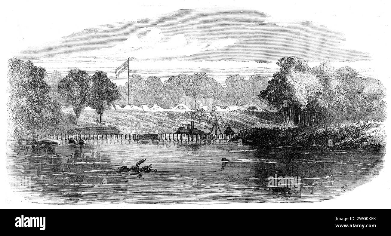 The Civil War in America: camp of the Confederate Marines at Drury's [sic] Bluff, from a sketch by our special artist, 1862. '&quot;Drury's Bluff&quot; is on the James River. It was here that the Confederate batteries and obstructions forced the two Federal iron-clads the Monitor and Galena to retire to their station at Harrison's Landing. Drury's Bluff is within eight miles of the Confederate capital. The line of stakes planted across the river represents the nature of the obstructions with which the Confederate engineers have covered the approach to Richmond by water'. The Battle of Drewry's Stock Photo