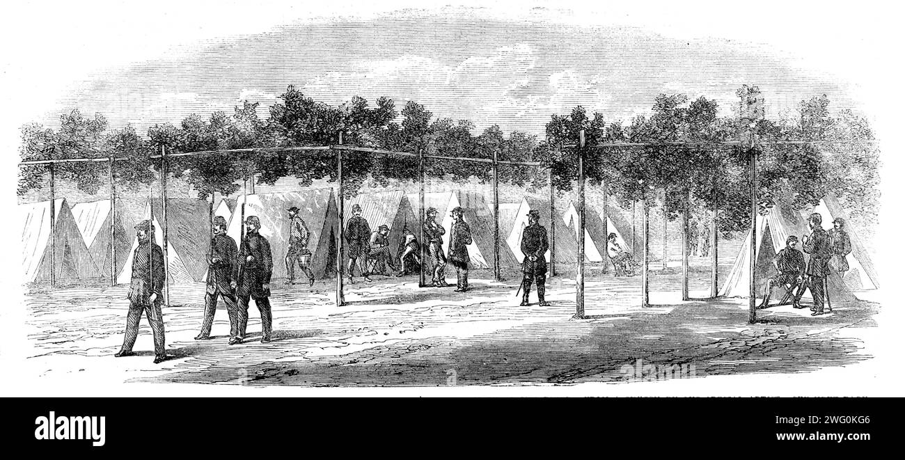 The Civil War in America: camp of the Confederate Marines at Drury's [sic] Bluff, on the James River - from a sketch by our special artist, 1862. '[This camp is] stated by our Artist to be one of the most important posts of the Confederates'. The Battle of Drewry's Bluff, also known as the Battle of Fort Darling, or Fort Drewry, took place on May 15, 1862, in Chesterfield County, Virginia, as part of the Peninsula Campaign of the American Civil War. From &quot;Illustrated London News&quot;, 1862. Stock Photo