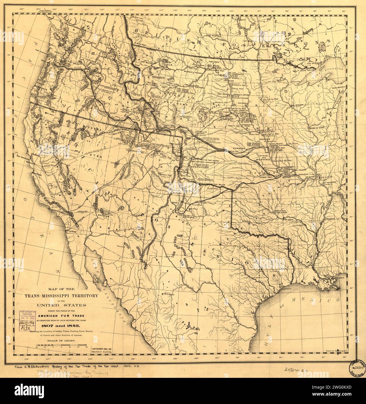 Map of the Trans-Mississippi of the United States during the period of the American fur trade as conducted from St. Louis between the years 1807 and 1843, 1902. This map, published in 1902 in H.M. Chittenden's History of the Fur Trade of the Far West, shows major cartographic features of the American West in the early 19th century, including the location of key Native American populations, forts, trading posts, and physical features, such as mountains and rivers. French voyageurs pioneered fur trading and trapping in Canada and the American West before the Louisiana Purchase of 1803, but the b Stock Photo