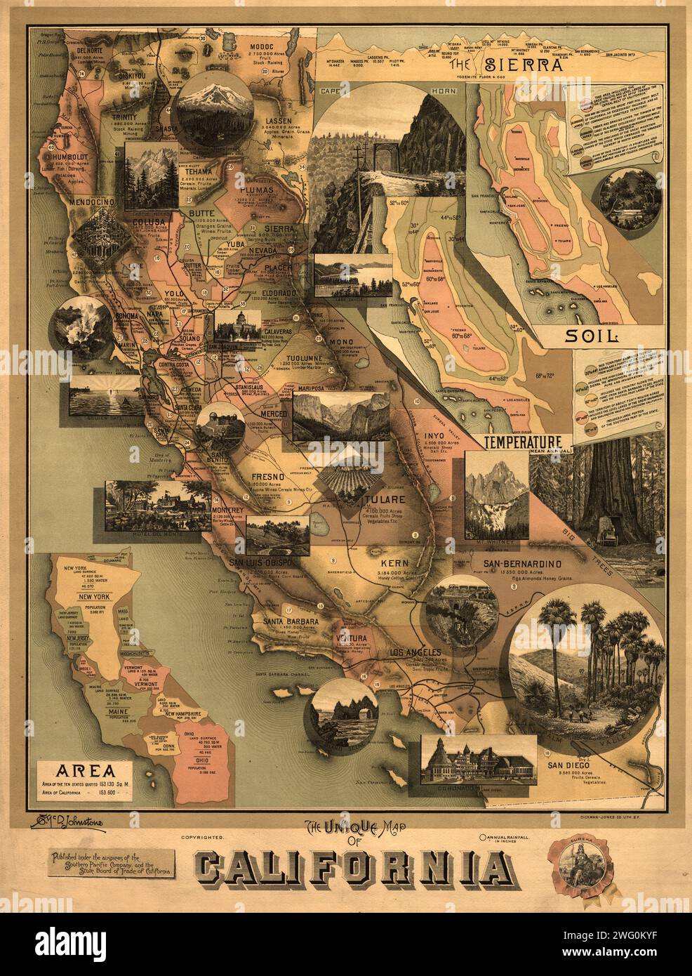 The unique map of California, 1888. It was issued in 1888 by the Southern Pacific Railroad Company and the California State Board of Trade as part of a campaign to promote the economic, cultural, and natural advantages of California as a place in which to live and invest. The map covers the entire state, with insets showing temperature, soil, land area, and scenic images. Annual rainfall in inches is indicated by circled numbers across the map. An inset at the top shows a cross-section of the Sierra Nevada Mountains and the elevation in feet of some of the famous peaks (the heights differ from Stock Photo