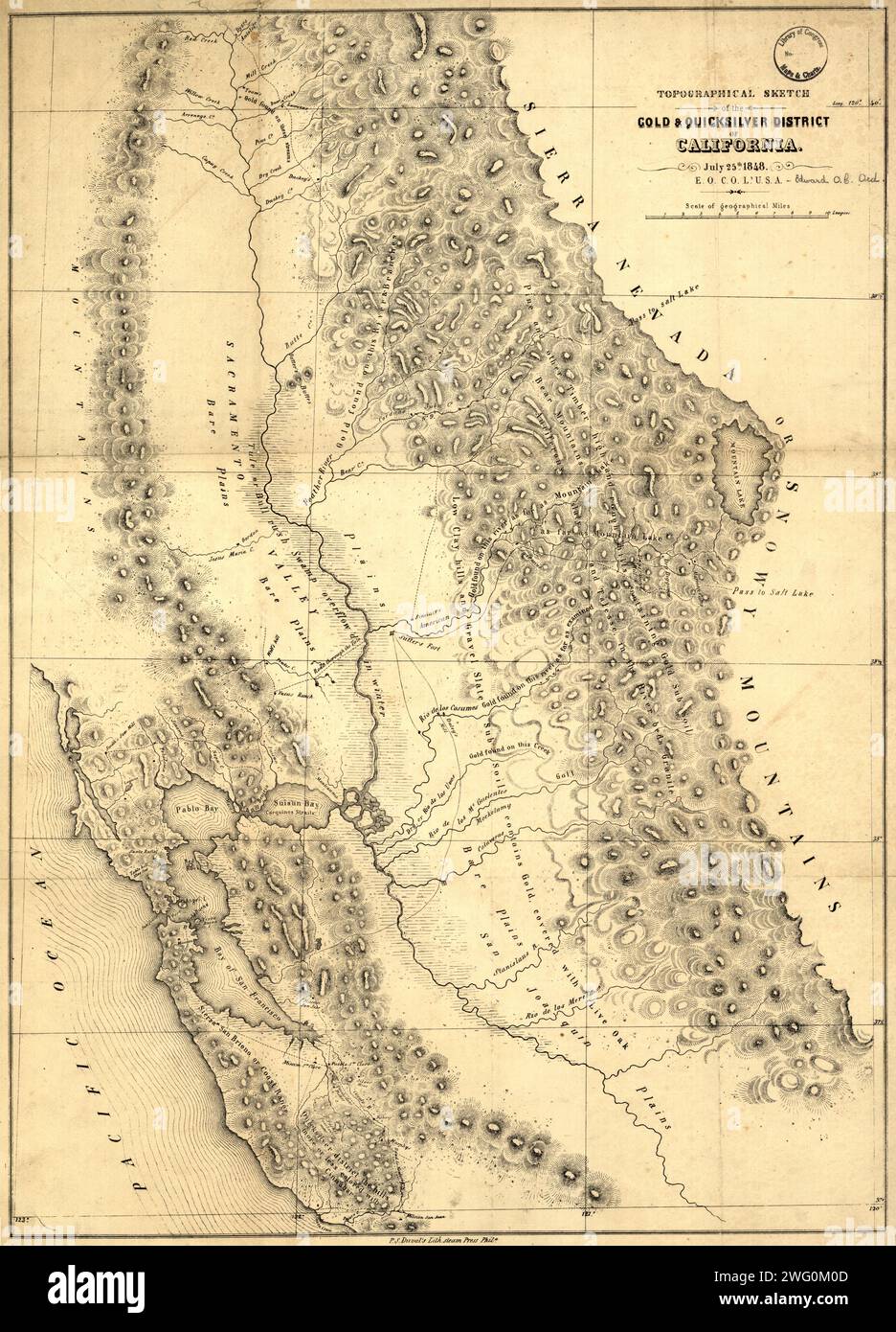 Topographical sketch of the gold &amp; quicksilver district of California, 1848. Published in July 1848 after the first gold strikes at Sutter's Mill on the American River in northern California, this map shows the location of key gold and quicksilver (mercury, in the form of cinnabar) deposits in the territory of California. Soon after the find, prospectors began streaming into California in enormous numbers, and demand was high for geographic knowledge of the region, especially as it related to previous strikes. The map displays the basic topography of California by showing mountains, rivers Stock Photo