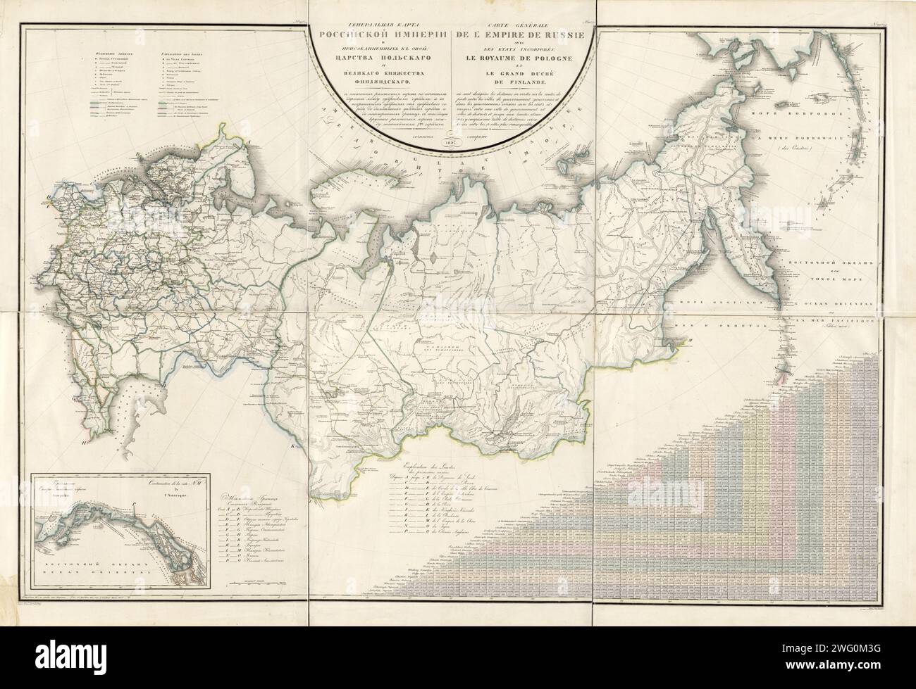 General Map of the Russian Empire and the Neighboring Polish Empire and Grand Duchy of Finland: With the Distance in Versts on Postal Roads between Provincial Cities; and in Boundary Provinces from the Provincial City to County Towns and Foreign Borders; with a Table of Distance in Versts between 73 Notable Cities, 1827. This 1827 map of the Russian Empire is from a larger work, Geograficheskii atlas Rossiiskoi imperii, tsarstva Pol'skogo i velikogo kniazhestva Finliandskogo (Geographical atlas of the Russian Empire, the Kingdom of Poland, and the Grand Duchy of Finland), containing 60 maps of Stock Photo