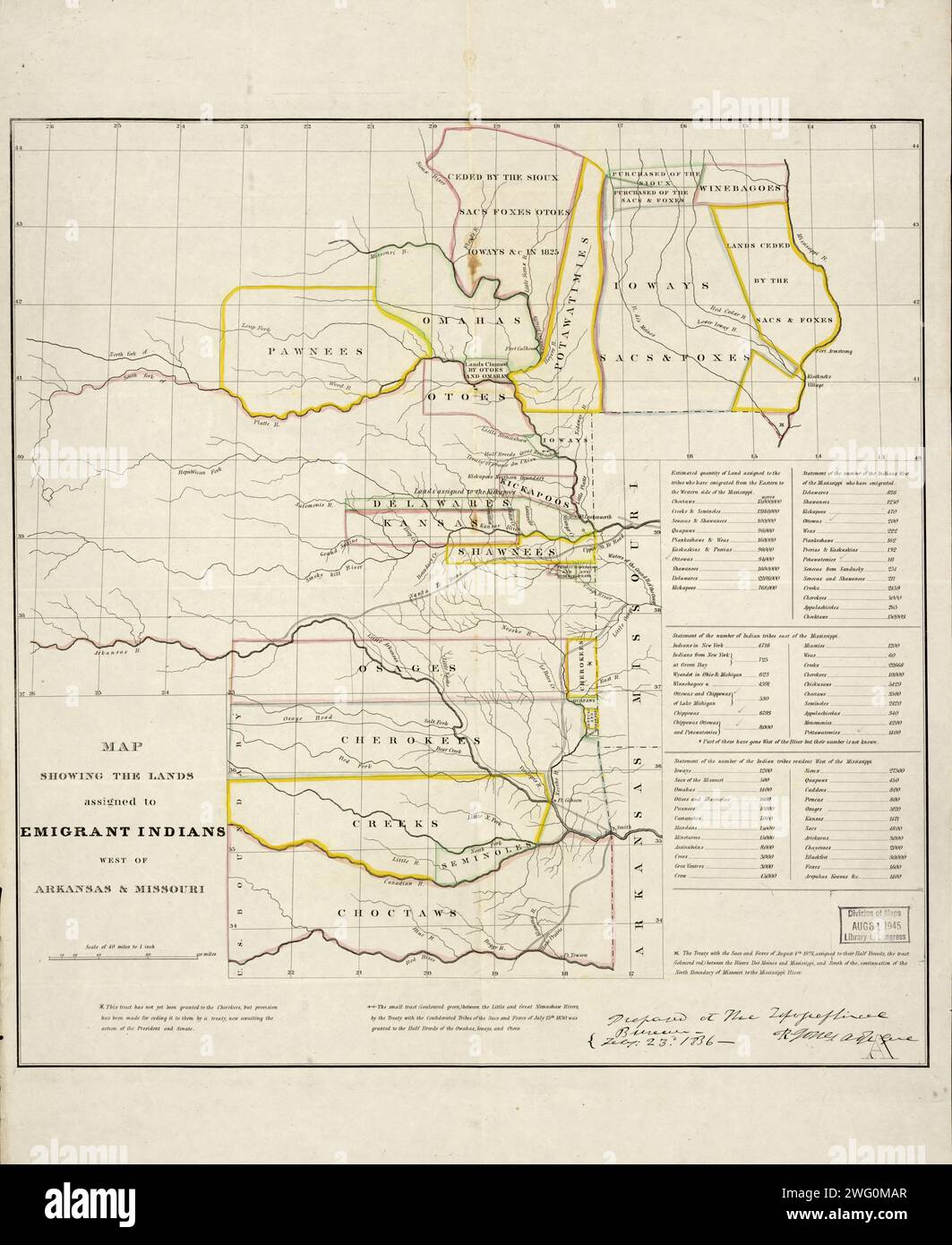 Map showing the lands assigned to emigrant Indians west of Arkansas and Missouri, 1836. Following passage of the Indian Removal Act in 1830, President Andrew Jackson implemented a policy of land exchanges and forced expulsion of the eastern Native Americans to regions west of the Mississippi River.  It  shows the approximate boundaries of the lands assigned to the relocated tribes in territories west of the Mississippi by 1836. Different shades of color are used to indicate the various tribes. The map also shows the southwestern border of the United States with Mexico, which at that time inclu Stock Photo