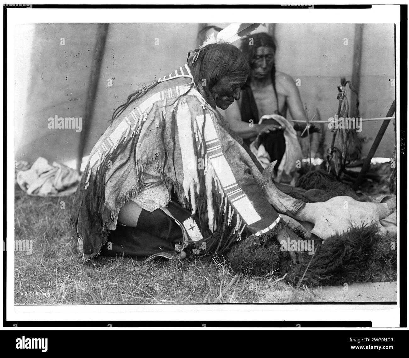 Hu Kalowa Pi-Removes the covering, c1907. Interior of tepee, man kneeling on ground remouving buffalo hide around skull on ground, another male behind altar warming hands by fire. Stock Photo