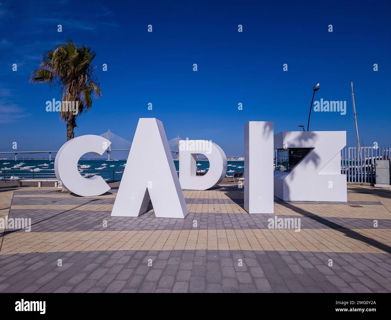 The word Cadiz, on the promenade of the city of Cadiz, Andalusia, Spain Stock Photo
