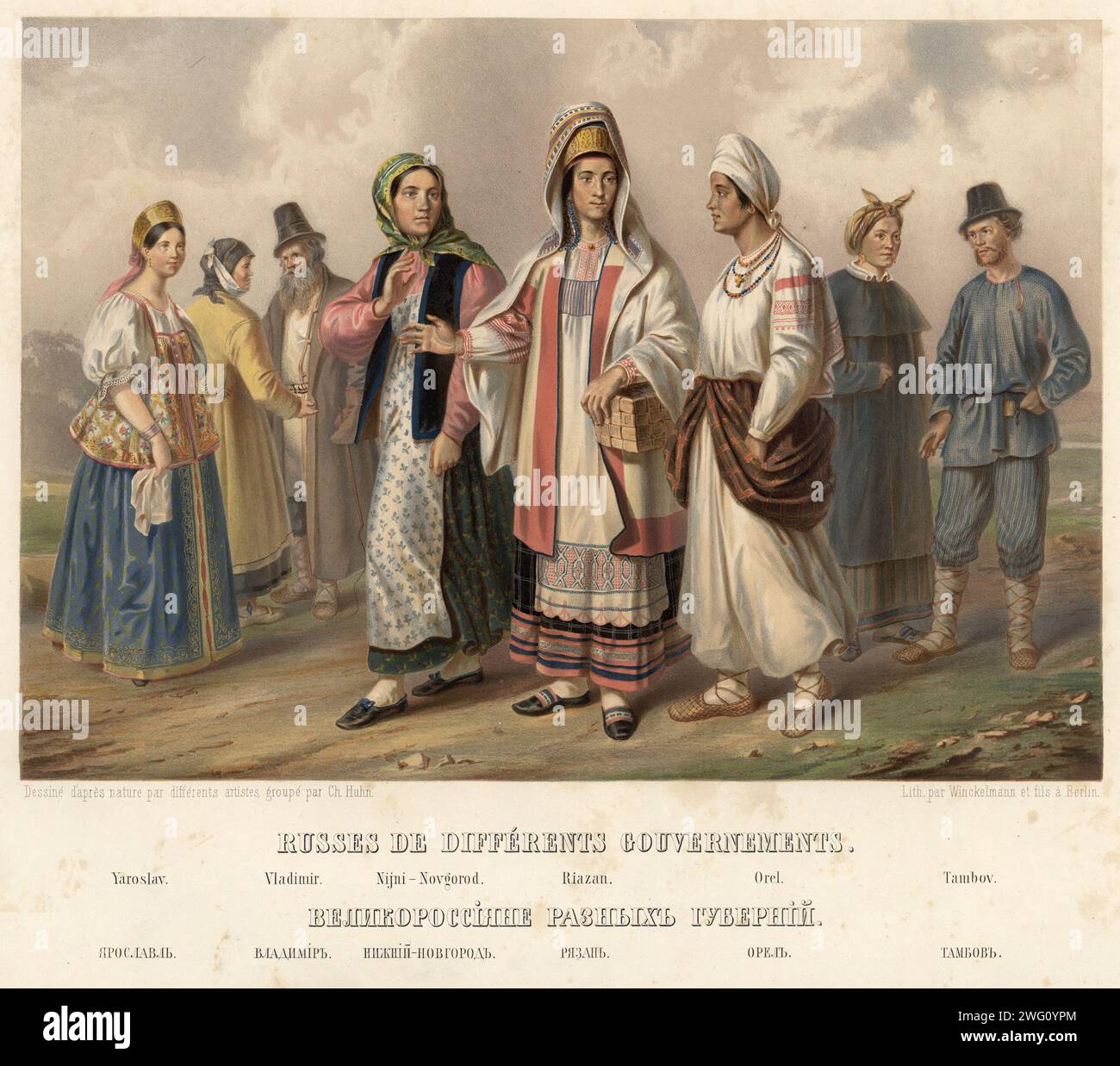 Great Russians from different provinces. Yaroslavl. Vladimir. Nizhny Novgorod. Ryazan. Oryol. Tambov. Sheet 2 from the album &quot;Description ethnographique des peuples de la Russie&quot;, volume 1. Description ethnographique des peuples de la Russie (Ethnographic description of the peoples of Russia) is a two-volume work published in Saint Petersburg in 1862 to mark the millennium of the founding of the Russian Empire (traditionally traced to the founding of the state of Kievan Rus' in 862). The work is dedicated to Tsar Alexander II. Volume 1 consists of 62 colored illustrations depicting e Stock Photo