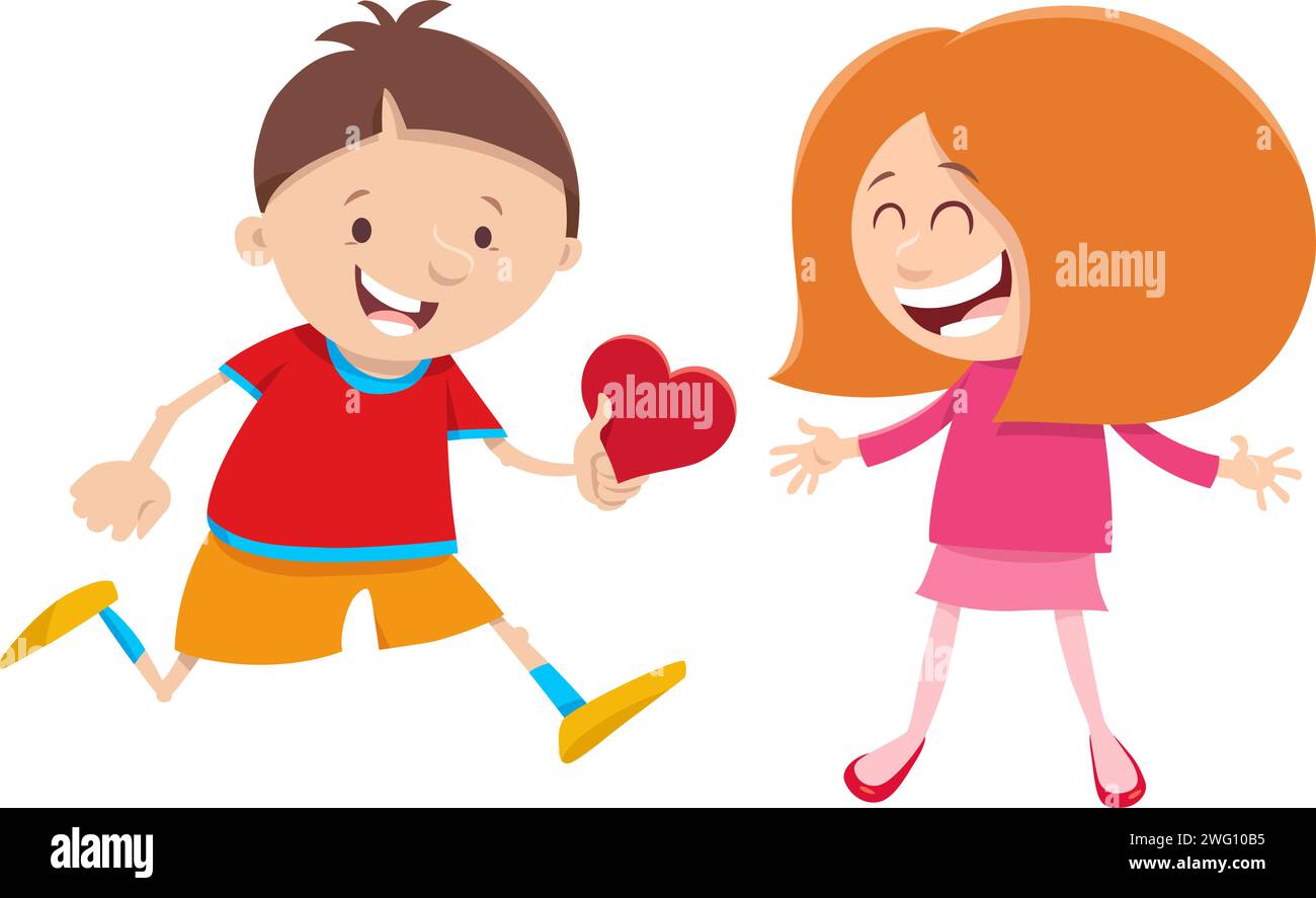 Cartoon illustration with girl and boy characters with Valentines Day ...