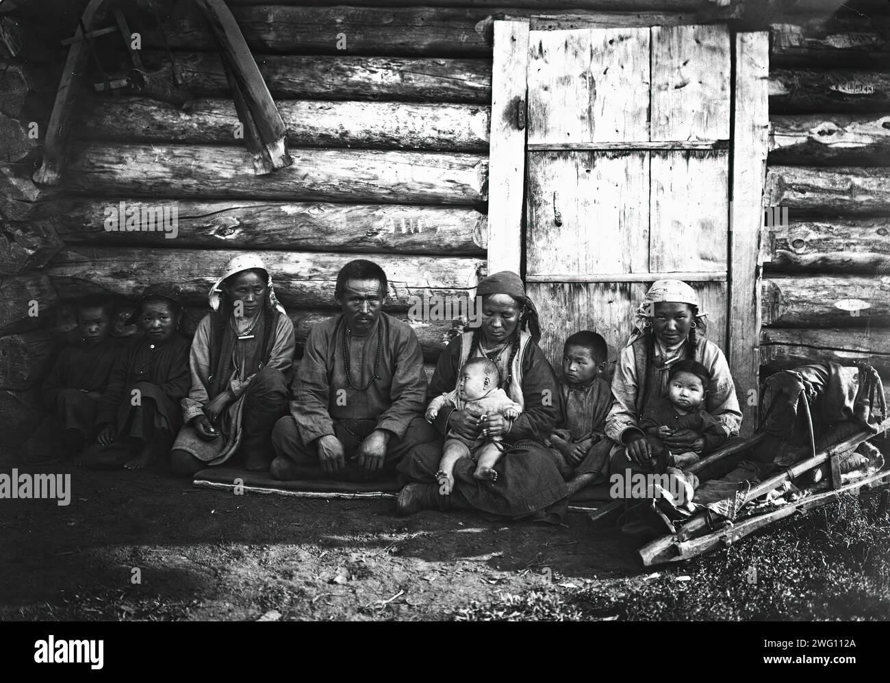 Yakut Family, 1890. The album &quot;Views of the Yakutsk Region&quot; contains 151 photographs. Subjects include the Lena River shore; various forms of river transport--including boats, rafts, trade barges, and steamships; post offices along the Lena highway, and transport by horse and reindeer. Several of the photographs are signed with the initials &quot;I. P.&quot; Irkutsk State University Stock Photo