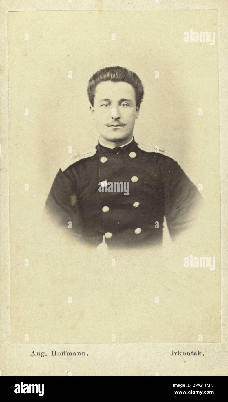 Telegraph operator in Irkutsk, head-and-shoulders portrait, facing front, between 1880 and 1886. Written on verso: Telegraph operator in Irkutsk who spoke the language of Shakespeare's time. Stock Photo