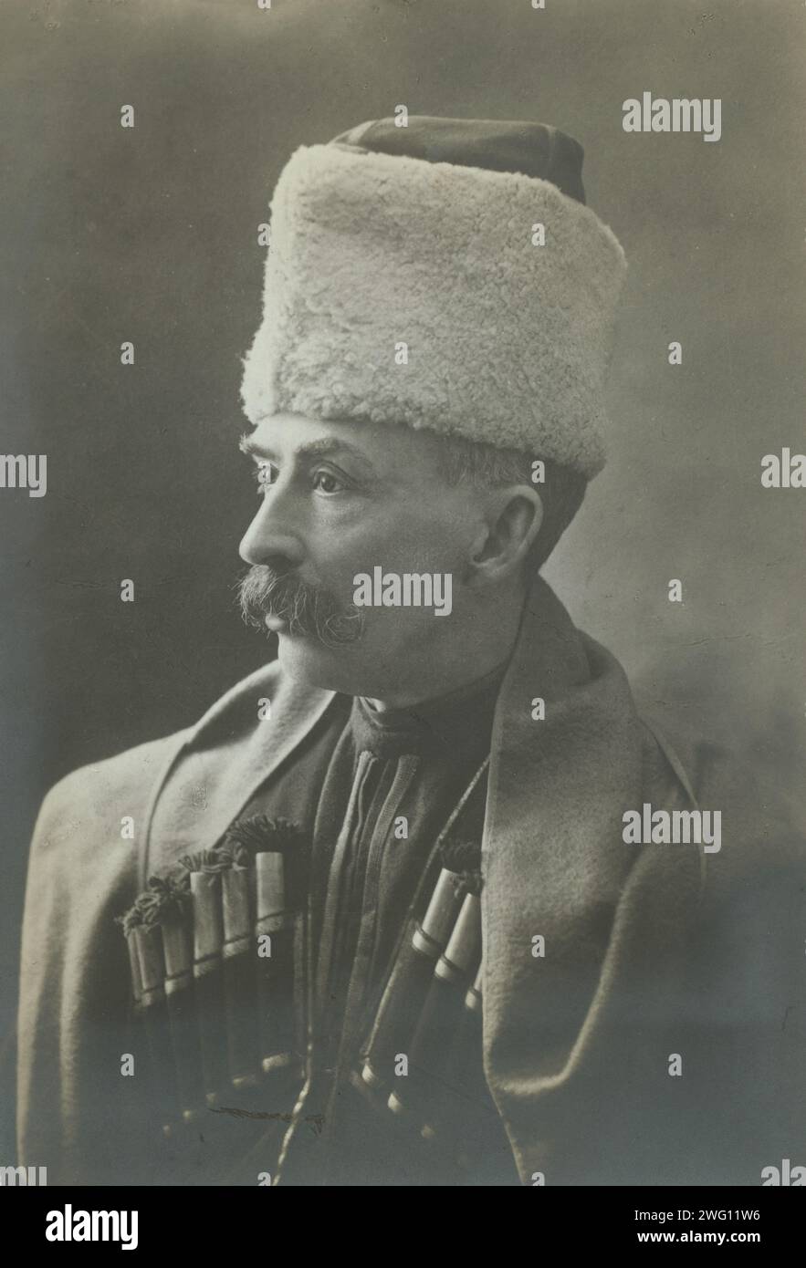 George Kennan wearing Georgian cossack uniform, half-length portrait, facing left, between 1870 and 1886. Stock Photo