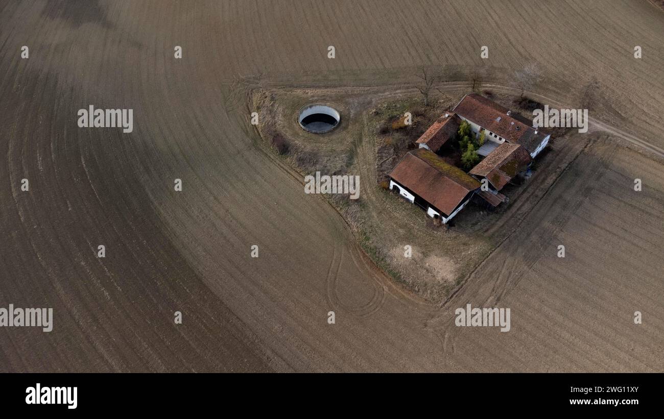 Abandoned farm, farm from a bird's eye view, drone shot, Upper Bavaria ...