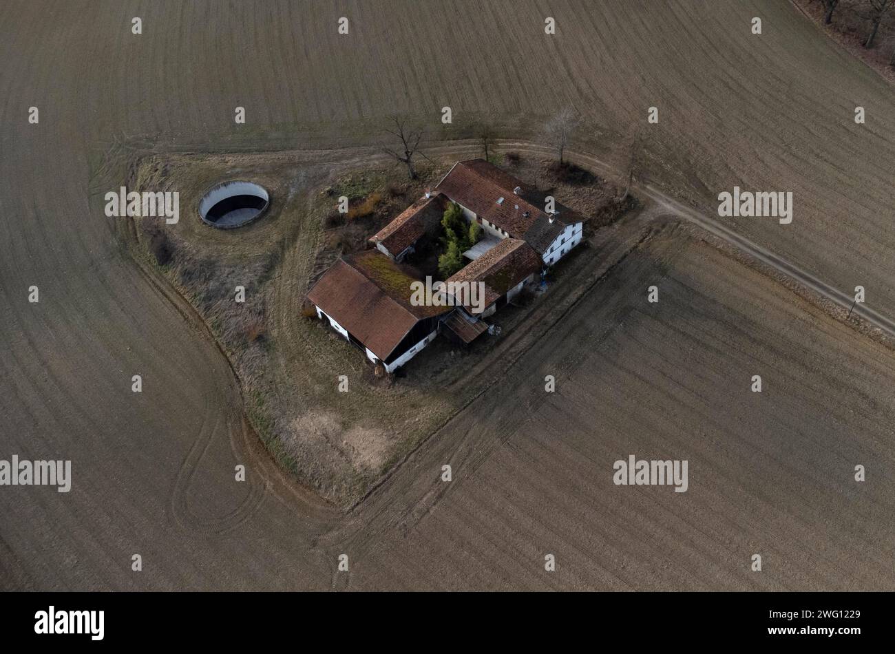 Abandoned farm, farm from a bird's eye view, drone shot, Upper Bavaria ...