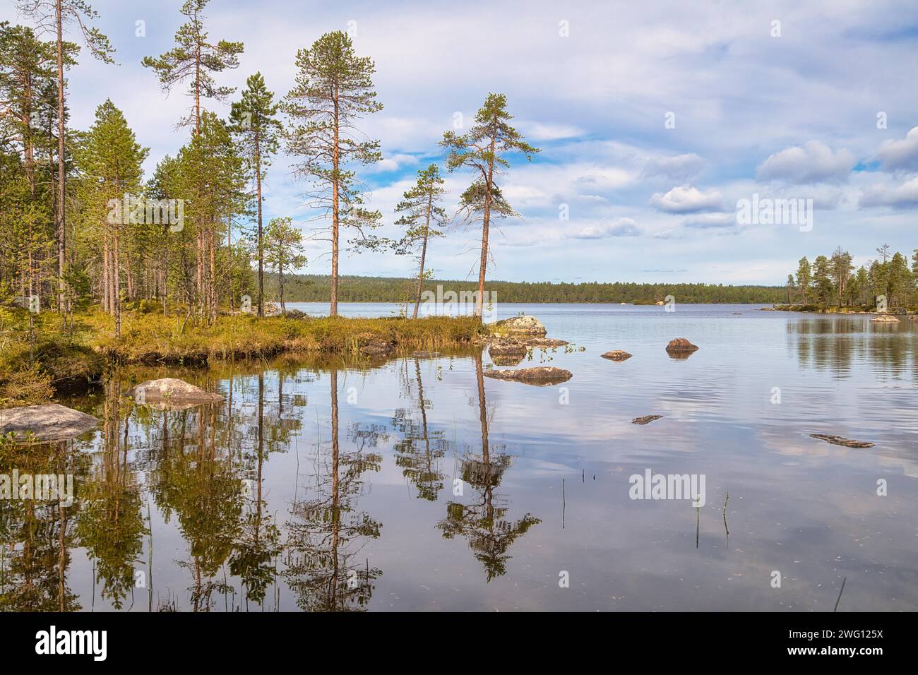Deserted bay on Lake Inari, Lapland, Finland Stock Photo