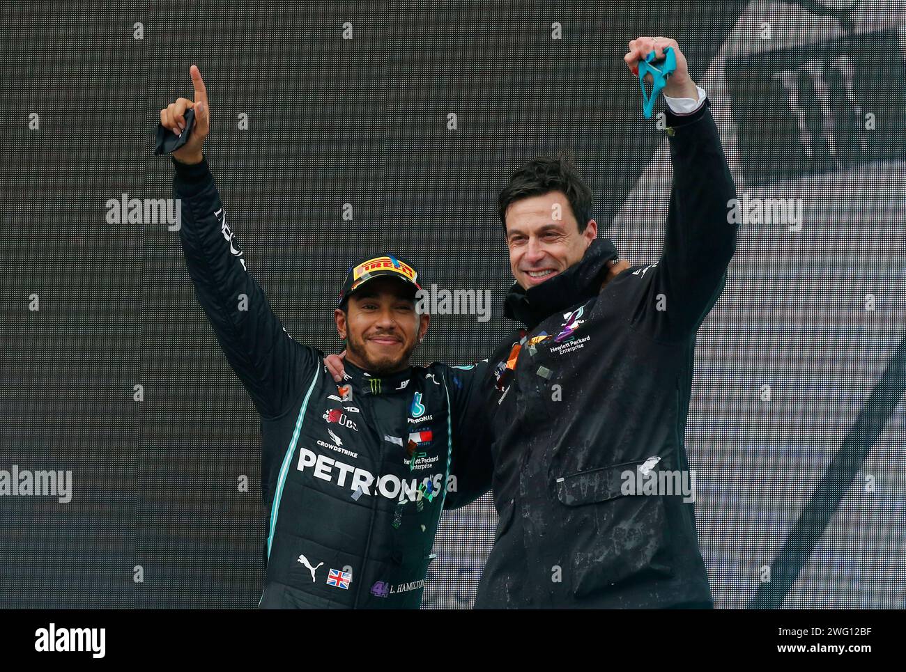 FILE - Mercedes driver Lewis Hamilton of Britain and Mercedes team