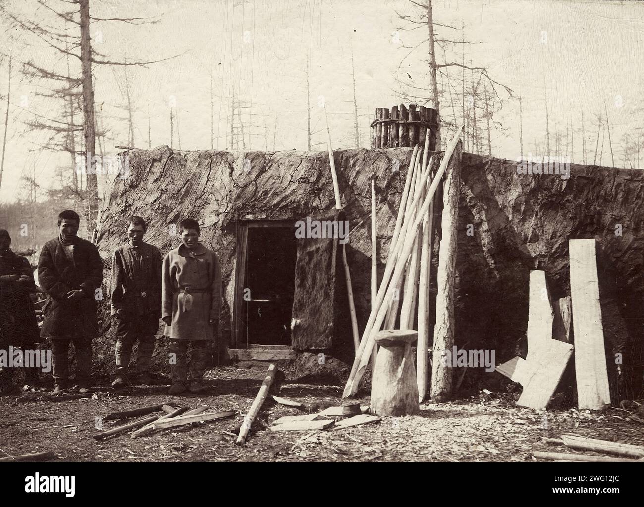 Yakut yurt, 1895-1939. This collection includes more than two hundred photographs taken during scientific expeditions into the most remote wilderness regions of Siberia at the end of the nineteenth and the beginning of the twentieth centuries. This selection illustrates the life of seven indigenous groups from East Siberia: Kets, Dolgans, Buryats, Yakuts, Even, Evenks, and Toffalars. Novosibirsk State Museum of Regional History and Folklife. Stock Photo