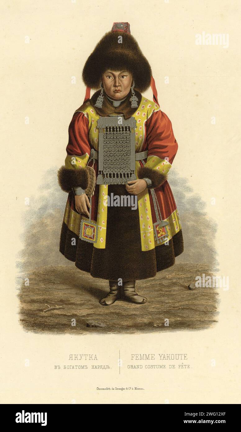 Yakut Woman in Rich Folk Attire, 1856. From Puteshestviye po Vostochnoy Sibiri I. Bulychova. Chast' 1-ya. Poyezdka v Kamchatku (A journey across eastern Siberia: Part 1, Trip to Kamchatka), part of a collection of albums in the Prints Division of the National Library of Russia documenting expeditions to Siberia and the Russian Far East undertaken mostly in the late 19th century. The compiler of the album was Ivan Dem'ianovich Bulychev, a member of the Imperial Russian Geographical Society. The album is comprised of 64 finely drawn illustrations, most in color, taken from 21 issues of another p Stock Photo