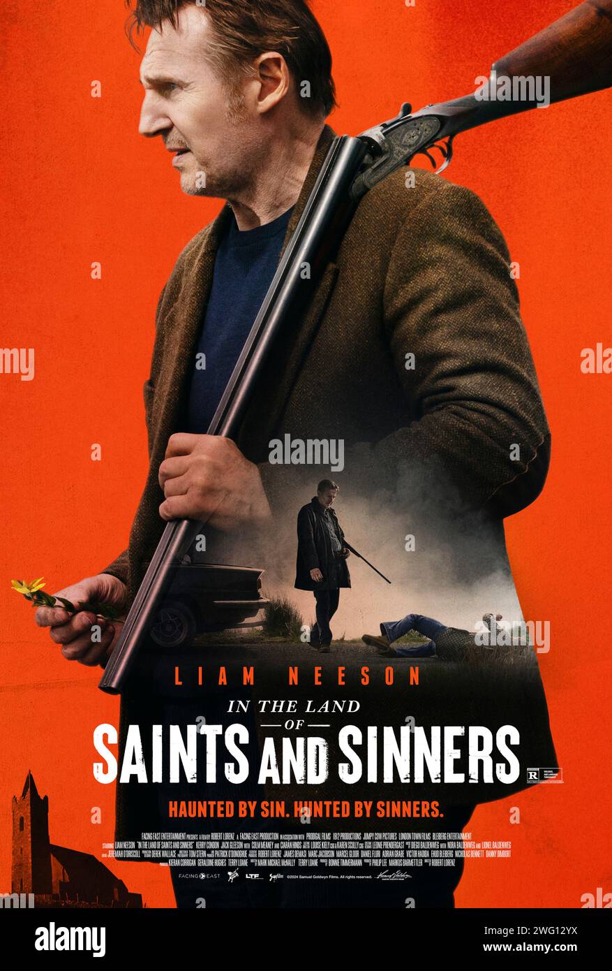 In the Land of Saints and Sinners (2023) directed by Robert Lorenz and starring Liam Neeson, Kerry Condon, Desmond Eastwood and Conor MacNeill. In a remote Irish village Finbar Murphy is forced to fight for redemption after a lifetime of sins, but what price is he willing to pay? US one sheet poster ***EDITORIAL USE ONLY***. Credit: BFA / Samuel Goldwyn Films Stock Photo