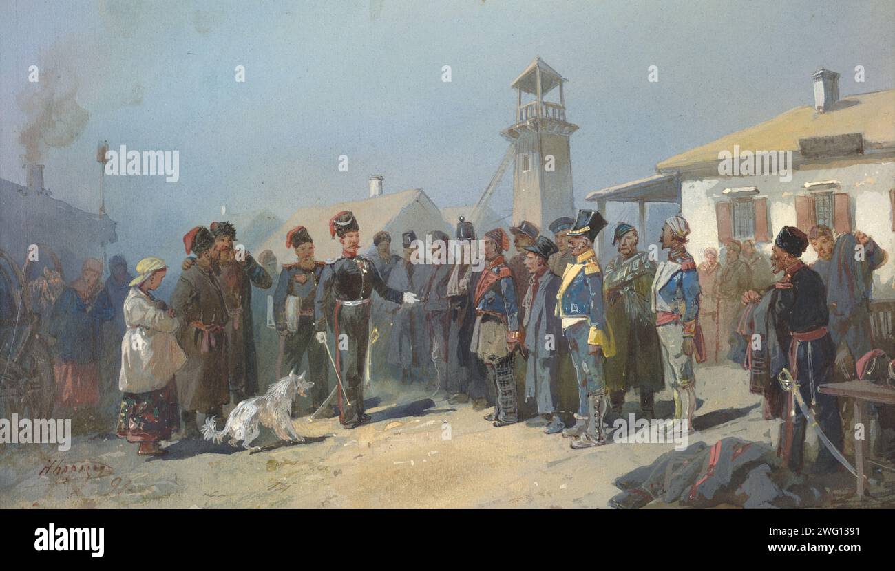 Native Ancestors of the Siberian Cossacks Polish Prisoners in Napoleon's Army Enlisting into the Cossacks, 1813, 19th century. One of 21 watercolors (out of an original 27) from an album relating to the history of the Siberian Cossacks held by the Rare Books Department of the Russian State Library in Moscow. The album was created as a gift for the future Tsar Nicholas II (1868-1918, reigned 1895-1917), Most August Ataman of All Cossack Voiskos (Commander of all Cossack troops, a title bestowed by Nicholas I), and presented to him in the summer of 1891 on his return to Saint Petersburg through Stock Photo