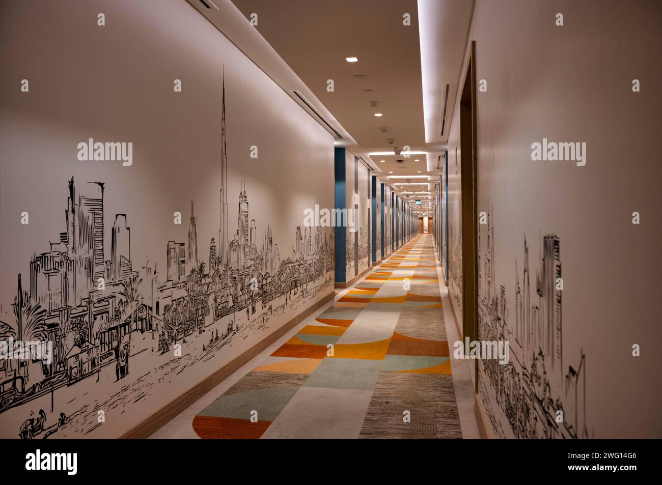 Interior view of corridor with Burj Khalifa wallpaper, Hotel NH Collection The Palm Jumeirah, Dubai, United Arab Emirates, VAR Stock Photo