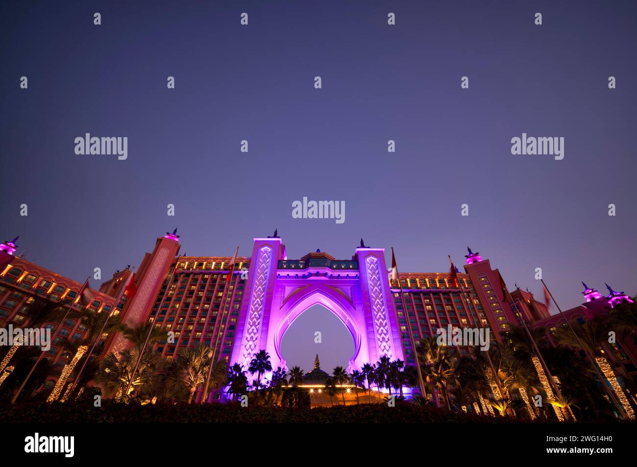 Night shot Hotel Atlantis, Illumination, The Palm Jumeirah, Dubai, United Arab Emirates, VAR Stock Photo