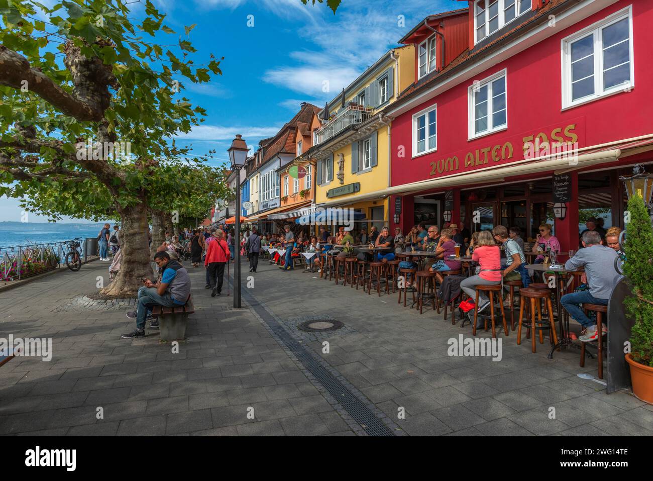Meersburg on Lake Constance, lakeside promenade, many people, restaurant, house facades, Baden-Wuerttemberg, Germany Stock Photo