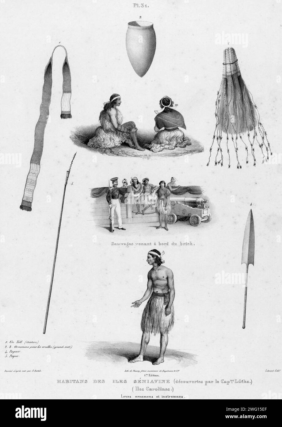 Inhabitants of the Seniavine Islands (discovered by Capt Lutka) (Caroline Islands) their ornaments and instruments, 19th century. One of 65 lithographs that were included in the volume of maps published after the round-the-world voyage of the corvette Seniavin commissioned by Tsar Nicholas I and carried out in 1826-29 under the command of Captain Fedor Litke (the Russian version of the name of Count Friedrich Lu&#xa8;tke, a Baltic German). The expedition began in Kronstadt (the main imperial Russian naval base near Saint Petersburg where Russian circumnavigations typically began and ended); it Stock Photo