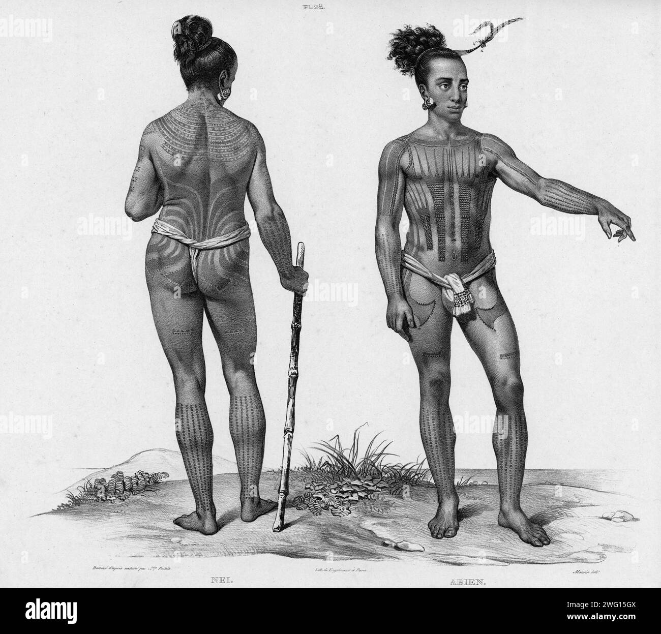 Inhabitants of the lower Caroline Islands, 19th century. One of 65 lithographs that were included in the volume of maps published after the round-the-world voyage of the corvette Seniavin commissioned by Tsar Nicholas I and carried out in 1826-29 under the command of Captain Fedor Litke (the Russian version of the name of Count Friedrich Lu&#xa8;tke, a Baltic German). The expedition began in Kronstadt (the main imperial Russian naval base near Saint Petersburg where Russian circumnavigations typically began and ended); it then traveled around Cape Horn to the Pacific Ocean. This voyage was one Stock Photo
