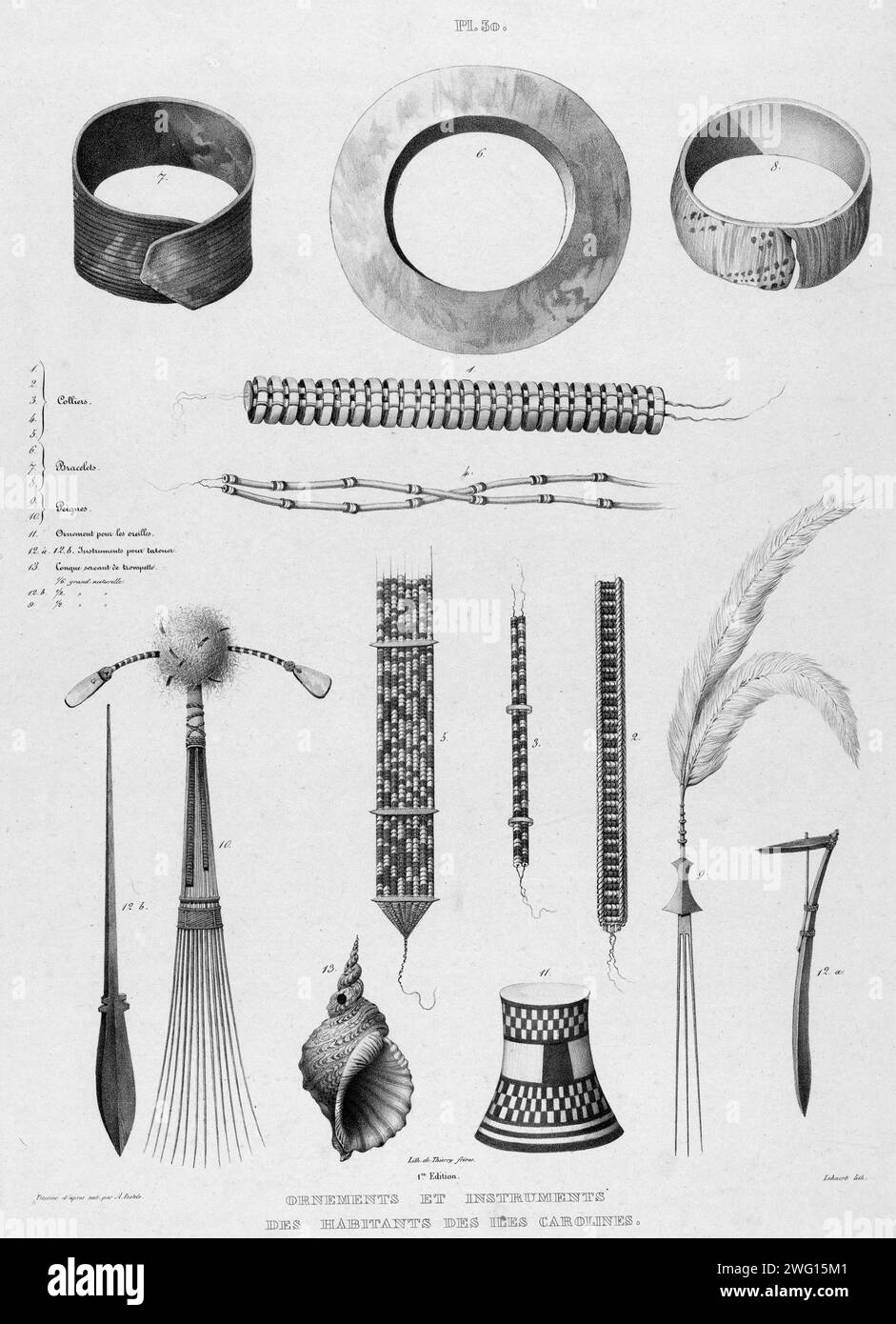 Ornaments and instruments of the inhabitants of the Caroline Islands, 19th century. One of 65 lithographs that were included in the volume of maps published after the round-the-world voyage of the corvette Seniavin commissioned by Tsar Nicholas I and carried out in 1826-29 under the command of Captain Fedor Litke (the Russian version of the name of Count Friedrich Lu&#xa8;tke, a Baltic German). The expedition began in Kronstadt (the main imperial Russian naval base near Saint Petersburg where Russian circumnavigations typically began and ended); it then traveled around Cape Horn to the Pacific Stock Photo