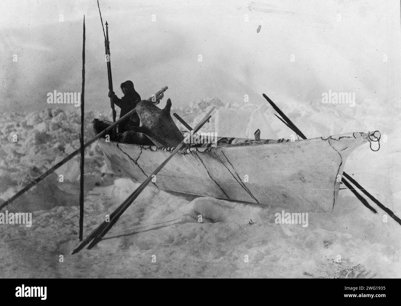 Eskimo in boat made with skins called an umiak, between c1900 and c1930 ...