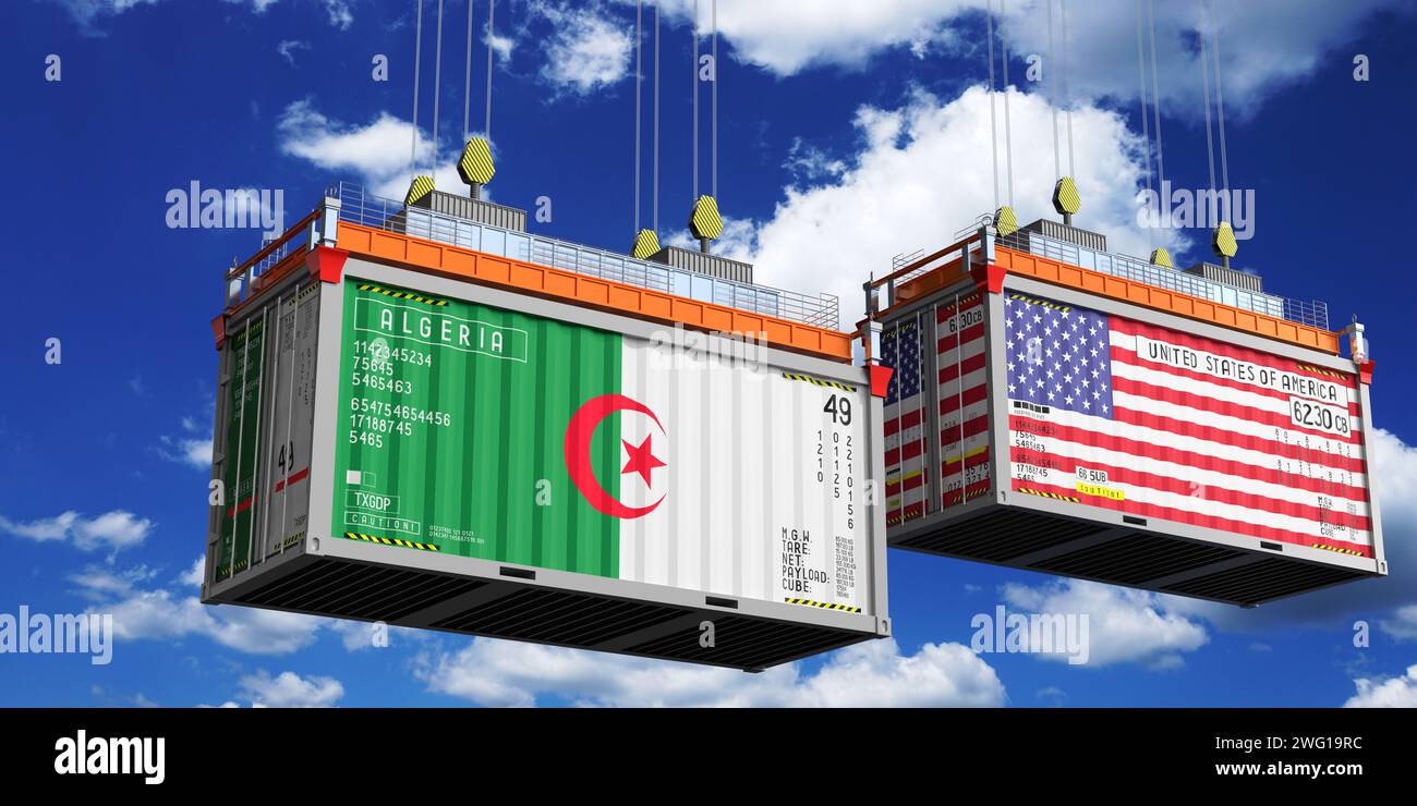 Shipping containers with flags of Algeria and USA - 3D illustration ...
