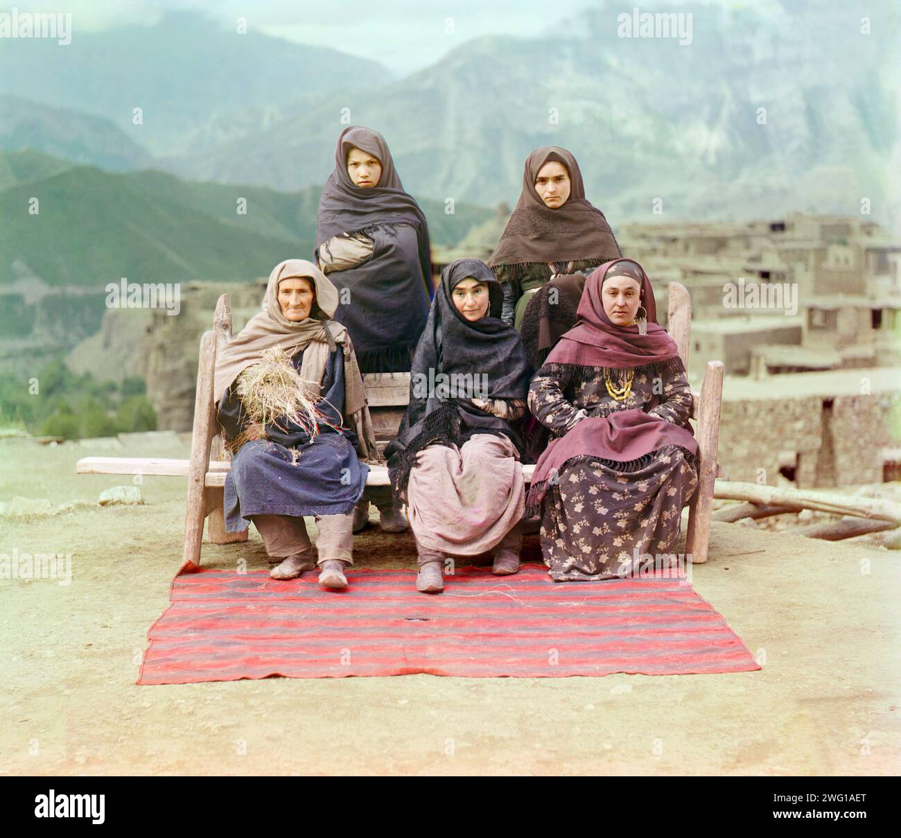 Dagestani types, between 1905 and 1915. Group of women (from the Caucasus) posed outdoors. Stock Photo