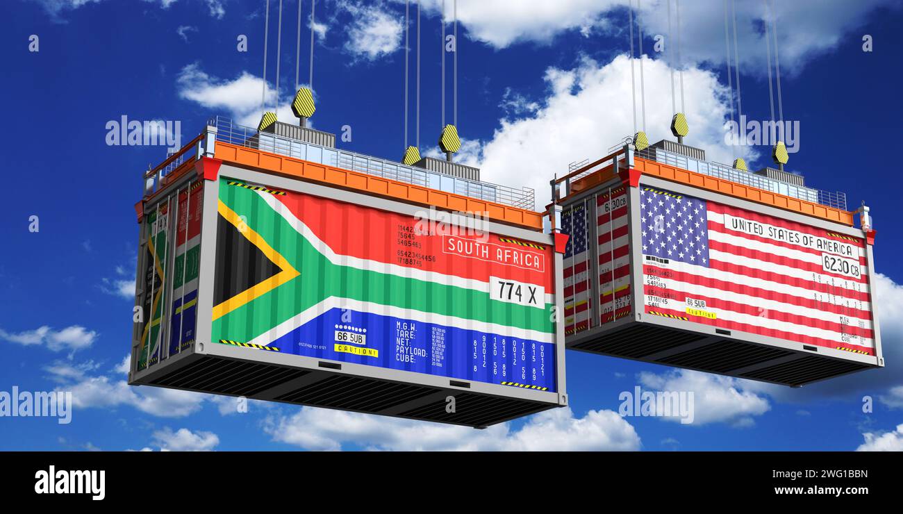 Shipping containers with flags of South Africa and USA - 3D illustration Stock Photo