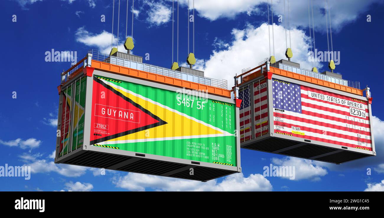 Shipping containers with flags of Guyana and USA 3D illustration