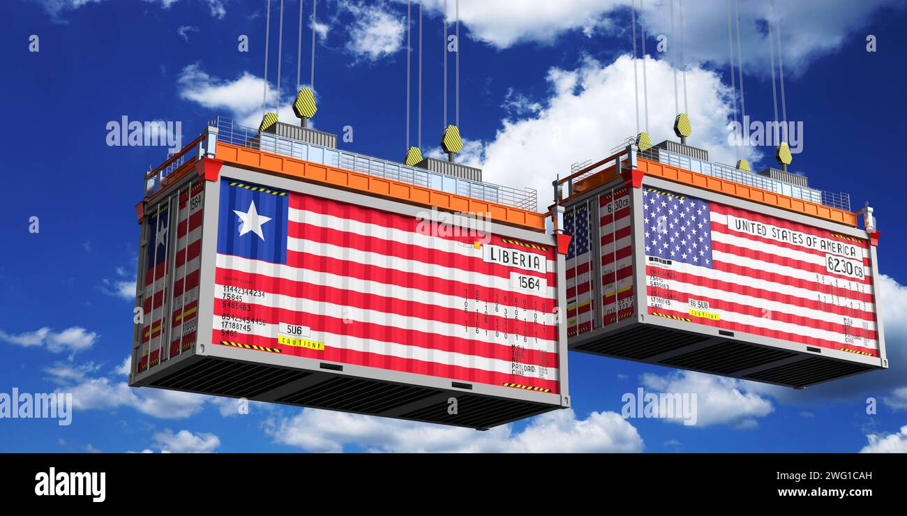 Shipping containers with flags of Liberia and USA 3D illustration