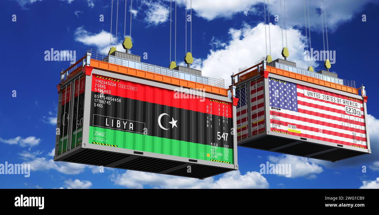 Shipping containers with flags of Libya and USA - 3D illustration Stock
