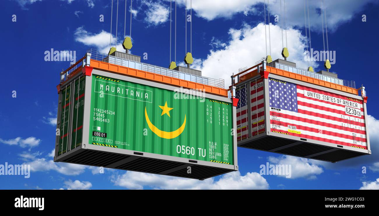 Shipping containers with flags of Mauritania and USA - 3D illustration