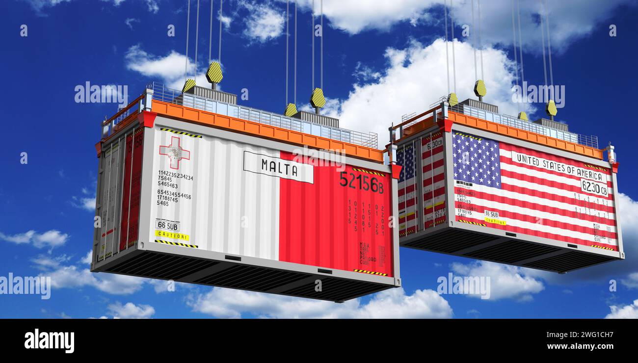 Shipping containers with flags of Malta and USA 3D illustration Stock