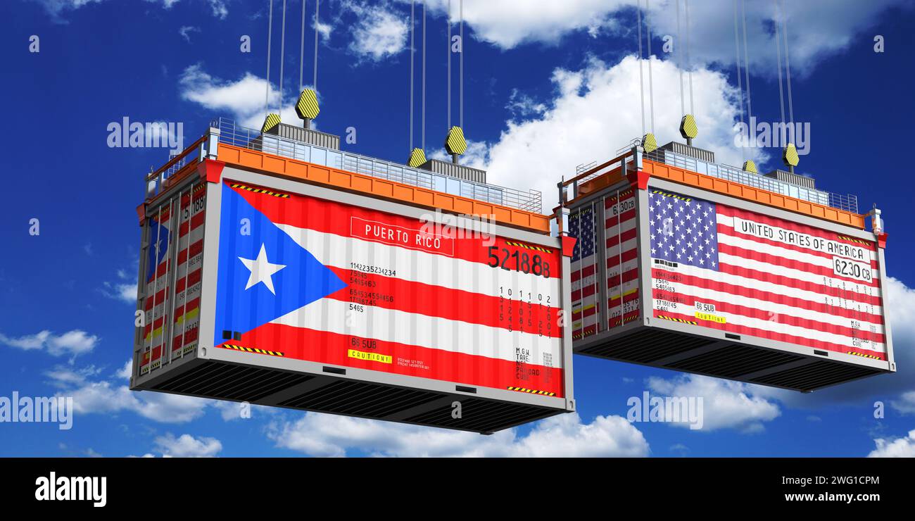 Shipping containers with flags of Puerto Rico and USA 3D illustration