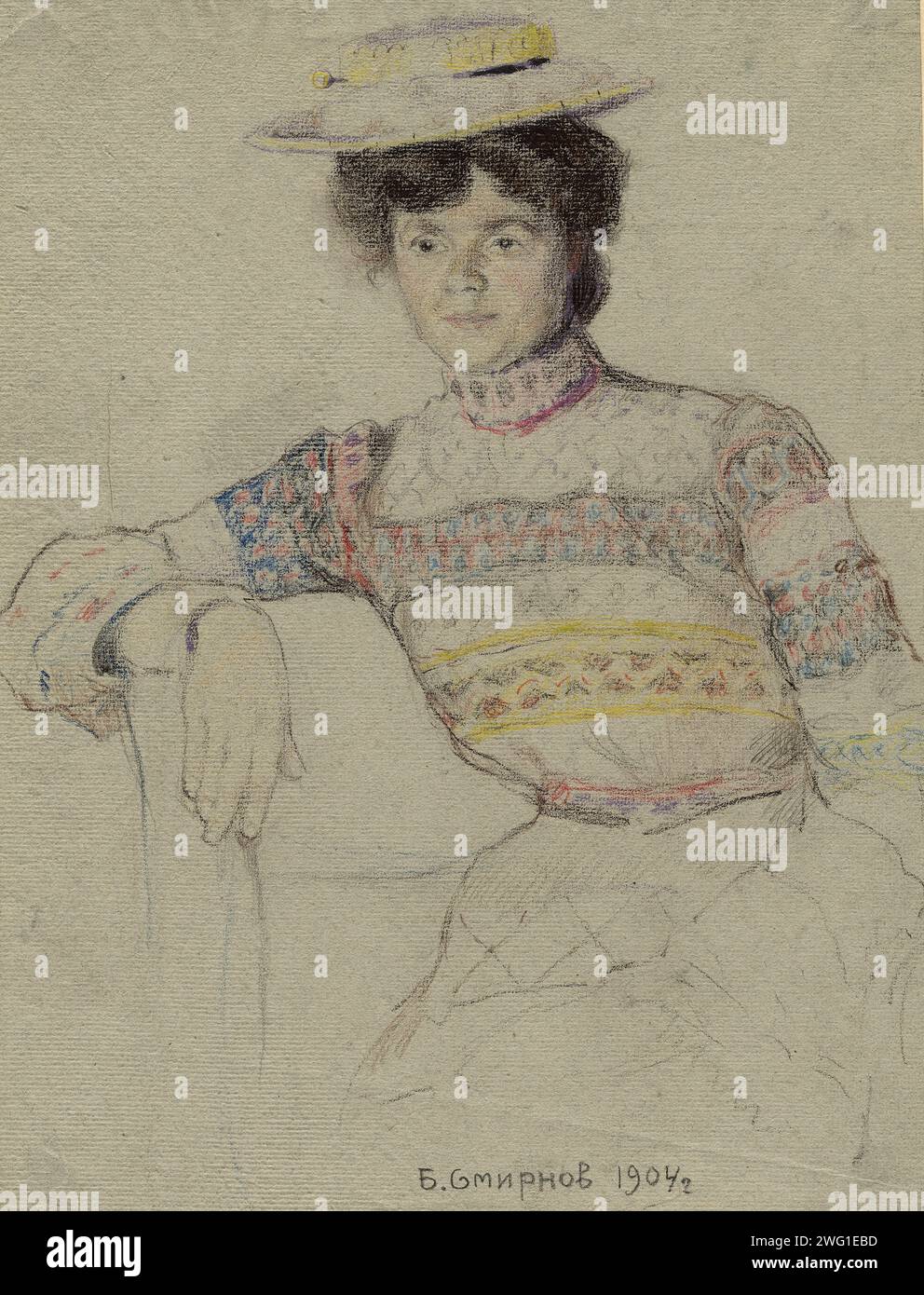 A Young Lady from Omsk in a Mordovian Outfit. Irkutsk, 1904. Boris Vasilievich Smirnov (1881-1954) was a Russian artist who in 1904 traveled by prisoner transport from western Russia across Siberia. Along the way he created a series of drawings and watercolors of the people and places he encountered. Novosibirsk State Museum of Regional History and Folklife Stock Photo