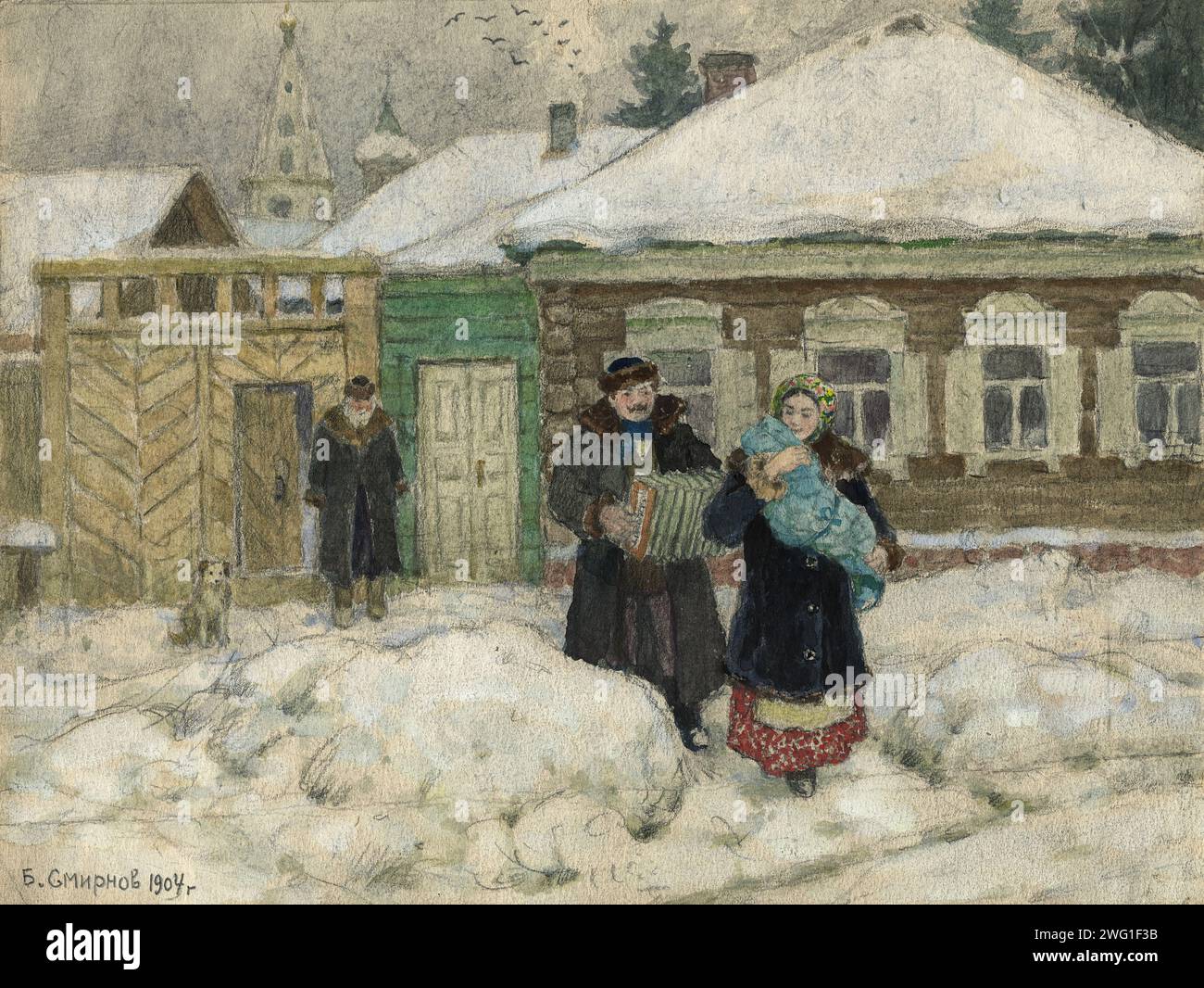 Going for a Visit. Krasnoyarsk, 1904. Boris Vasilievich Smirnov (1881-1954) was a Russian artist who in 1904 traveled by prisoner transport from western Russia across Siberia. Along the way he created a series of drawings and watercolors of the people and places he encountered. Novosibirsk State Museum of Regional History and Folklife Stock Photo