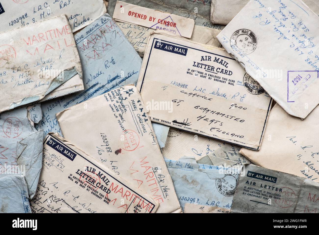 WW2 air mail letters via Maritime mail from a Wren to an RAF gentleman showing mail marks, censor etc staying in touch in hard times. Stock Photo