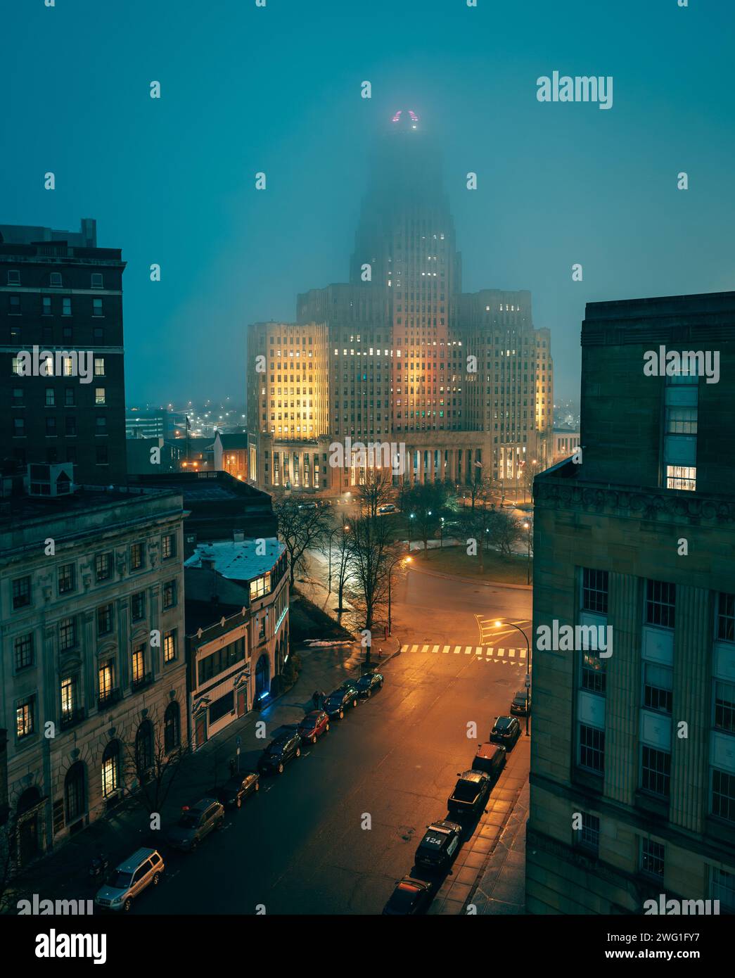 Buffalo City Hall on a foggy night, Buffalo, New York Stock Photo