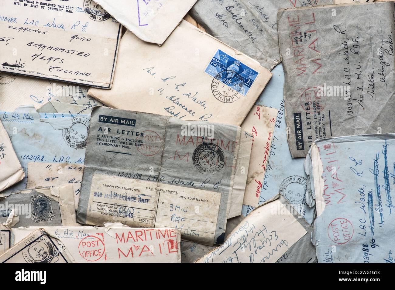 WW2 air mail letters via Maritime mail from a Wren to an RAF gentleman showing mail marks, censor etc staying in touch in hard times. Stock Photo