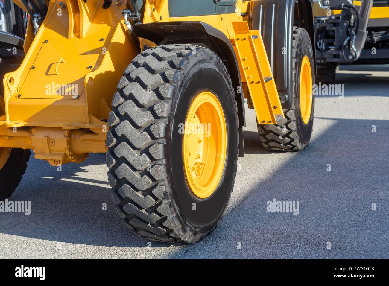 closeup of a wheel of earth moving machine Stock Photo